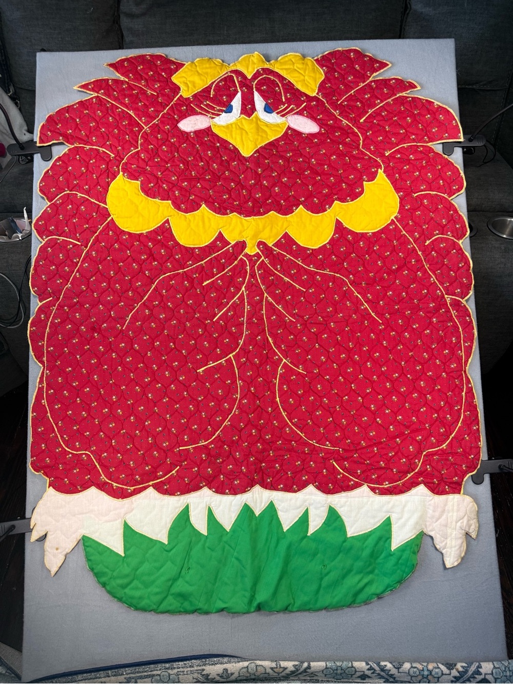 Vintage Chicken Hen Blanket 70s Kitsch Quilted Homemade Flower Farmhouse Folk